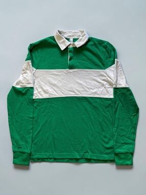 American Apparel Long Sleeve Colorblock Rugby Polo Shirt Green White XS
